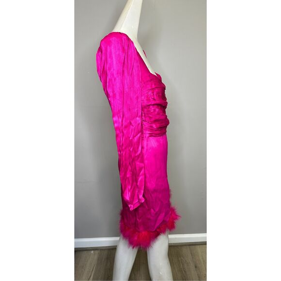 NWT Saylor Ruched Satin Ostrich Feather Trim Brielle Mini Dress Fuchsia Small $3 - Picture 7 of 10